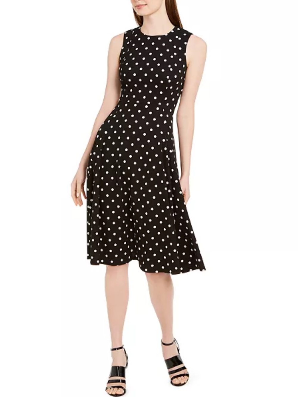 Calvin Klein Polka-Dot Fit & Flare Dress Black White Sleeveless Midi Dress Sz 14